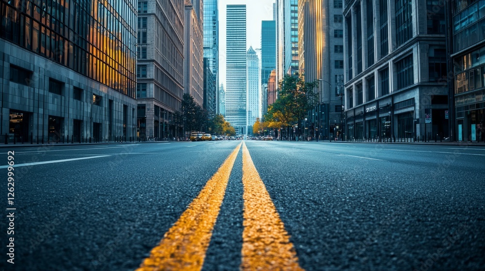Fototapeta premium Urban Landscape with Clear Road and Sunlit Skyscrapers Ahead