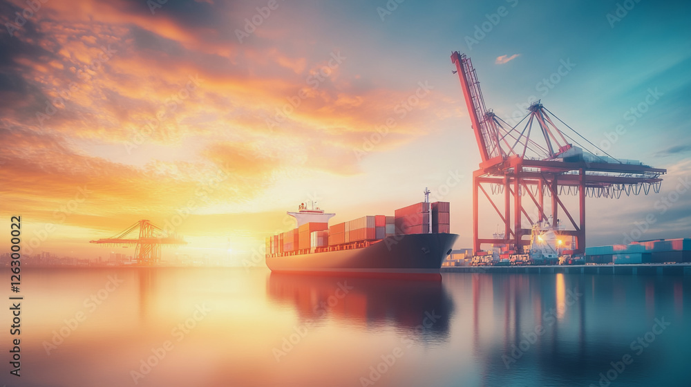 Obraz premium Container truck in ship port for business Logistics and transportation of Container Cargo ship and Cargo plane with working crane bridge in shipyard at sunrise, logistic import export and transport