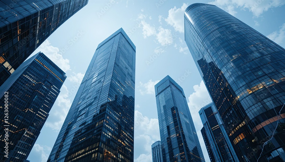 Naklejka premium Modern skyscrapers connected digitally, representing the integration of technology in real estate business