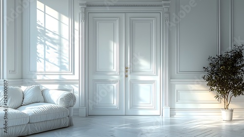 Elegant double white doors with intricate molding set in a bright high ceilinged room with soft ambient lighting creating a sophisticated minimalist atmosphere perfect for copyspace