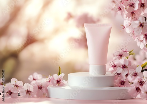 Wallpaper Mural Set of cosmetic tube and jar with spring podium background Torontodigital.ca