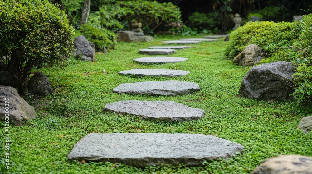 Serene Garden Pathway with Stepping Stones Surrounded by Greenery Serene Garden Pathway with Stepping Stones Surrounded by Greenery