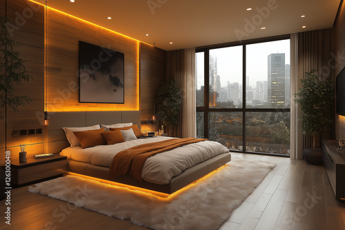 Photographie immobilière d'une chambre parentale moderne contemporaine avec décoration minimaliste, éclairage d’ambiance doux et design aux lignes épurées. HDR, 3D, design, tendance, architecte