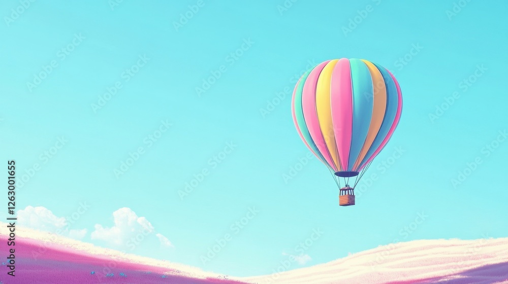 Fototapeta premium Dreamy Hot Air Balloon Flight over Pastel Landscape on a Clear Sky Day