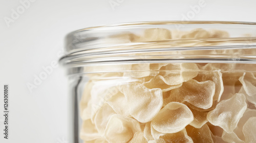 Close up of a transparent jar with freeze dried fruit photo