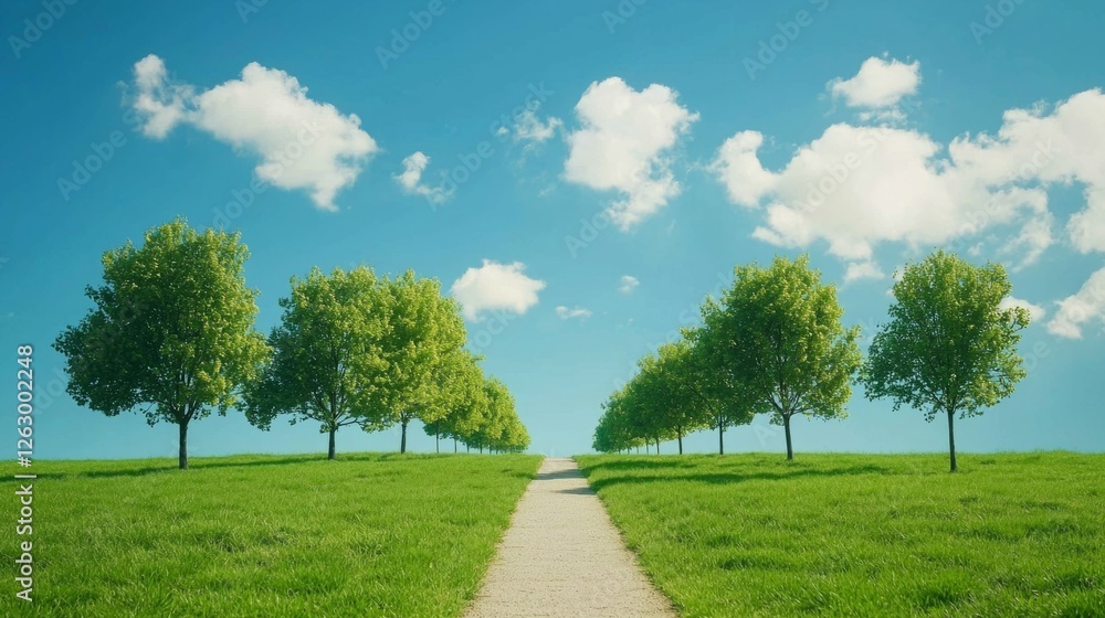 Serene Pathway Through Lush Green Trees Under Bright Blue Sky Serene Pathway Through Lush Green Trees Under Bright Blue Sky