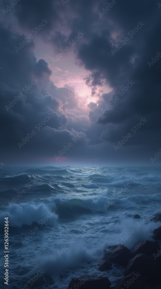 Stormy Ocean with Dark, Ominous Clouds and Turbulent Waves Stormy Ocean with Dark, Ominous Clouds and Turbulent Waves