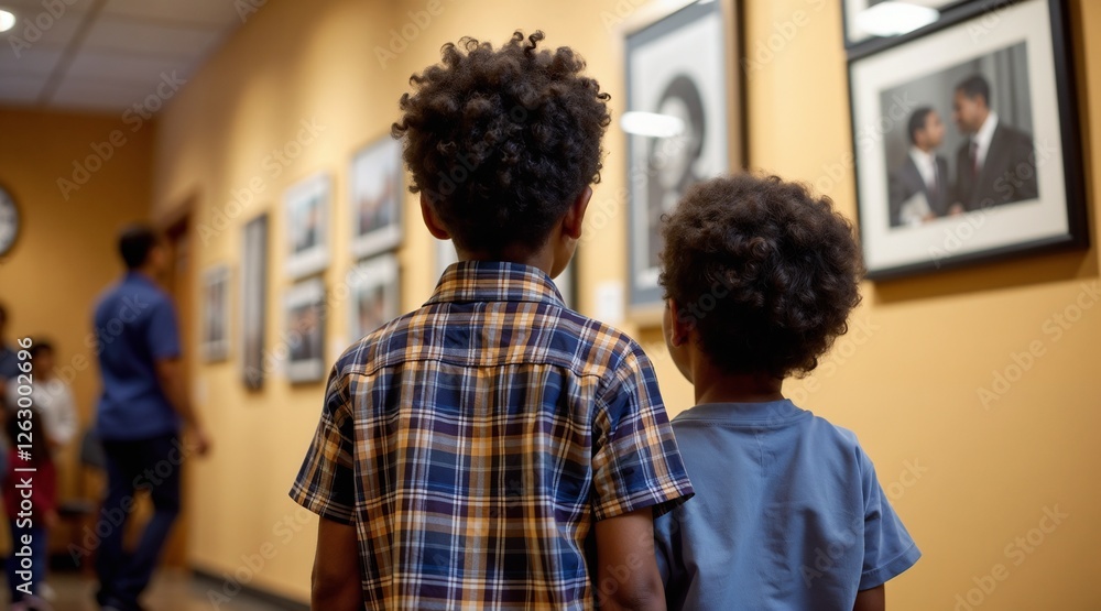 Two African American boys observing historical photographs in gallery during Black History Month celebration Two African American boys observing historical photographs in gallery during Black History Month celebration
