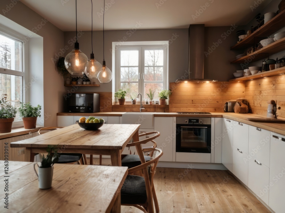 Fototapeta premium Modern Rustic Kitchen With Wooden Accents And Pendant Lights