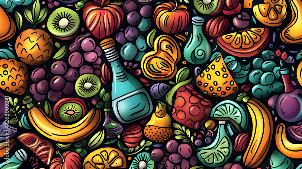 Naklejka premium Vibrant assortment of fruits and beverages arranged artfully on a colorful background