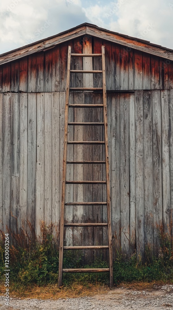 Naklejka premium Wooden Ladder Against Rustic Weathered Barn