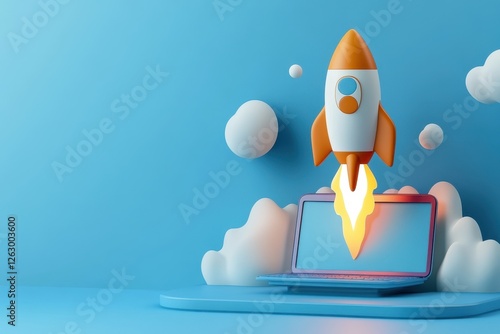A whimsical 3D rendering depicts a vibrant orange and white rocket launching from a laptop screen, symbolizing a new business venture or innovative idea taking flight