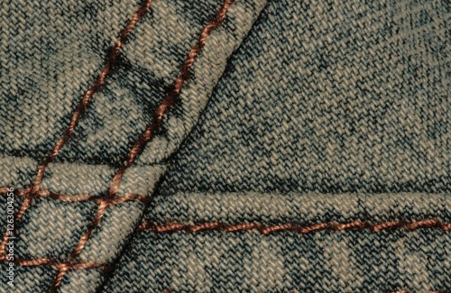 Thin denim fabric, fabric seam, dark denim background, dark navy fabric, vintage indigo style, copy space