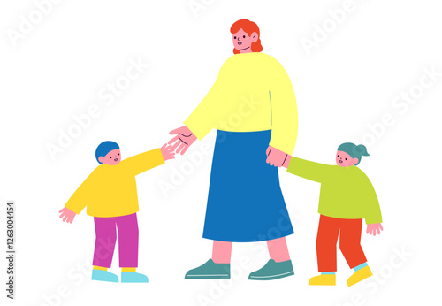 家族のベクターイラスト。子育てをする女性と、その子供。手を繋いでいる親子のフラットデザインイラスト。