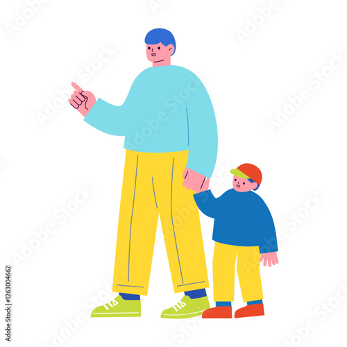 手を繋いでいる親子のフラットデザインイラスト。子育てをする男性と、その子供。家族のベクターイラスト。