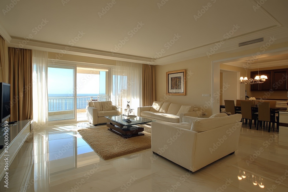 Fototapeta premium Spacious coastal living room with modern furnishings and ample natural light during the day