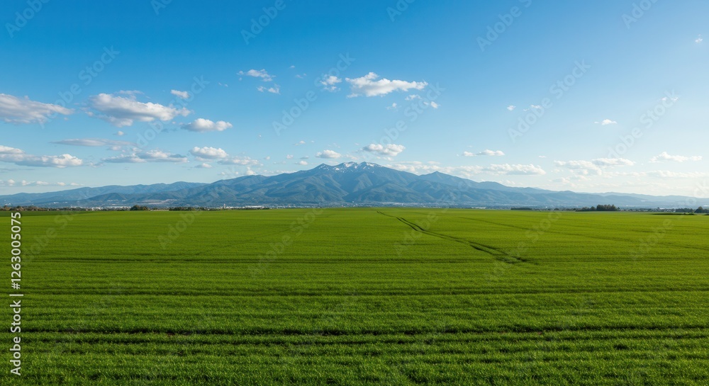 Naklejka premium Green Field with Mountain View Under Blue Sky Landscape Scenery