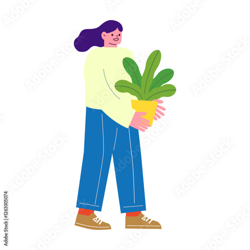 観葉植物を運ぶ女性のベクターフラットイラスト。新生活の為に引越し作業をするイメージ。