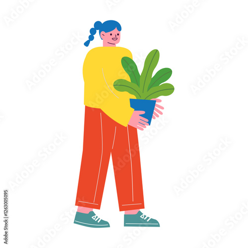 観葉植物を運ぶ女性のベクターフラットイラスト。新生活の為に引越し作業をするイメージ。