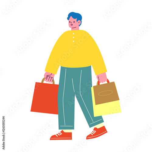 買い物を楽しむ男性のベクターフラットイラスト。沢山の紙袋を持って歩く人。