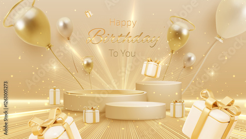 Golden empty podium with realistic 3D elements, luxury style, gift boxes, balloons and ribbons, elegant happy birthday background design concept.