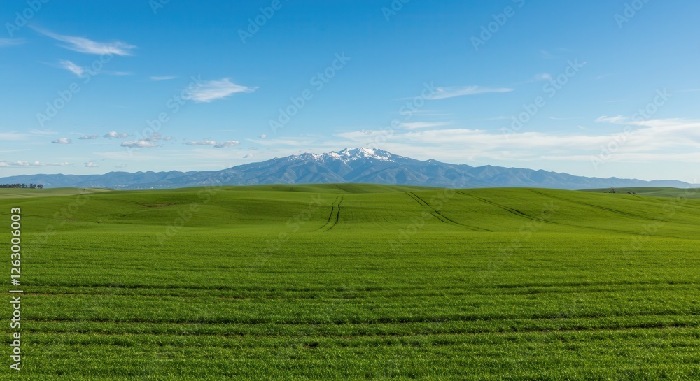 Fototapeta premium Green Field Landscape with Mountain View on Clear Sky Day
