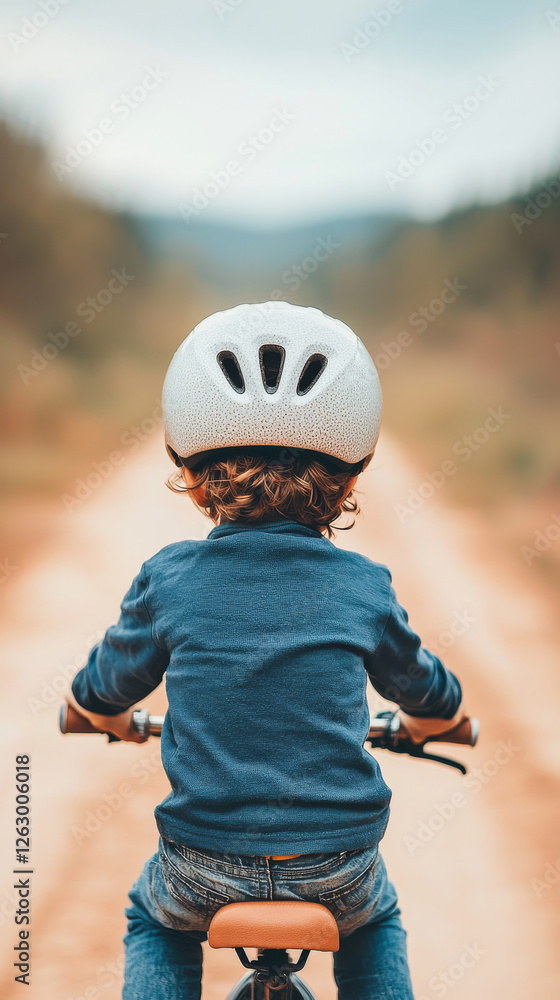 child riding bicycle on dirt path, wearing helmet, enjoying nature child riding bicycle on dirt path, wearing helmet, enjoying nature