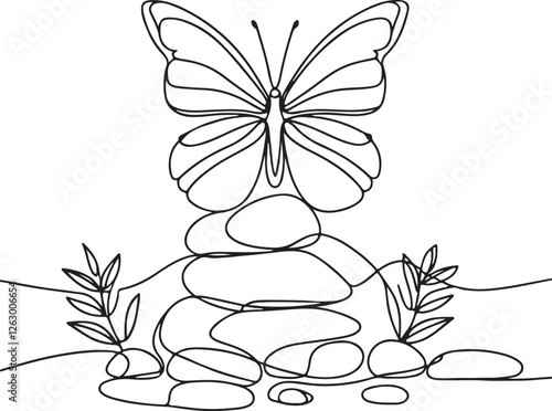 Butterfly on a Pile of Rocks – Clean Line Art Vector photo