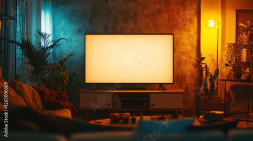 Cozy Living Room Interior with Blank Screen Television at Night