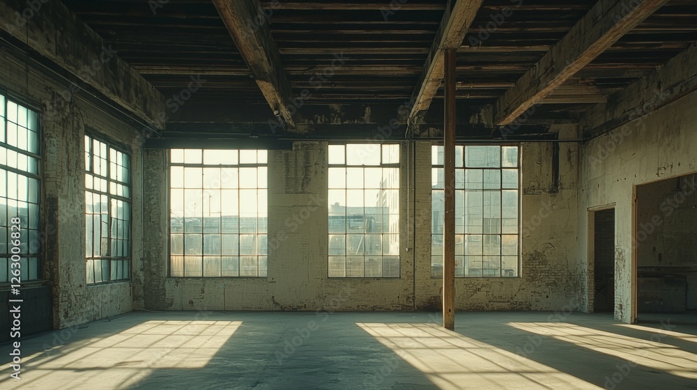 Sunlit Empty Room with Large Windows and Rustic Interior Design Sunlit Empty Room with Large Windows and Rustic Interior Design