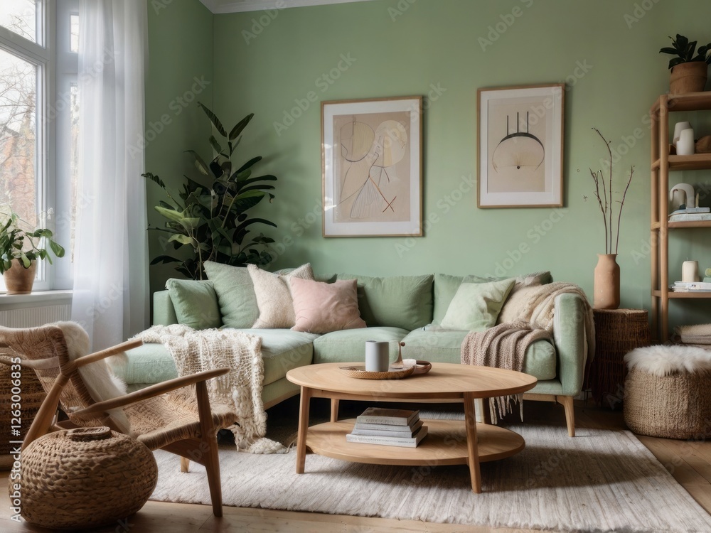 Fototapeta premium Green Living Room Modern Sectional Sofa Decor