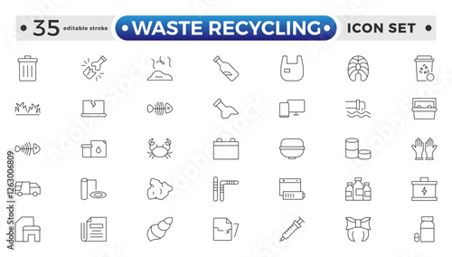 Waste Recycling outline icons. Garbage disposal. Trash separation, waste sorting with further recycling. Plastic bottle, biodegradable trash, junk truck, landfill, paper. Editable stroke outline icon.