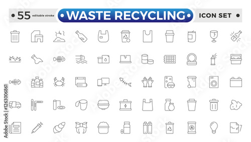 Waste Recycling outline icons. Garbage disposal. Trash separation, waste sorting with further recycling. Plastic bottle, biodegradable trash, junk truck, landfill, paper. Editable stroke outline icon.