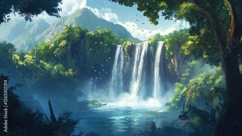 Majestic Waterfall in Lush Green Rainforest Landscape Illustration