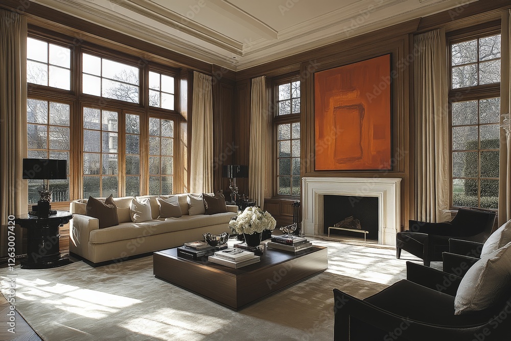 Fototapeta premium Elegant living room with modern decor and large windows overlooking lush greenery in afternoon light