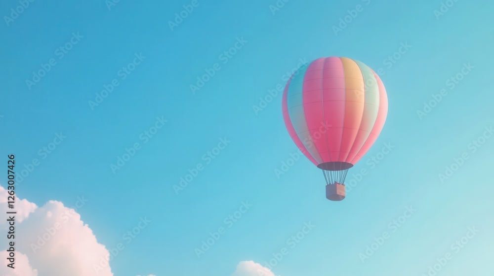 Fototapeta premium Colorful Hot Air Balloon Floating in a Clear Blue Sky with Soft Clouds