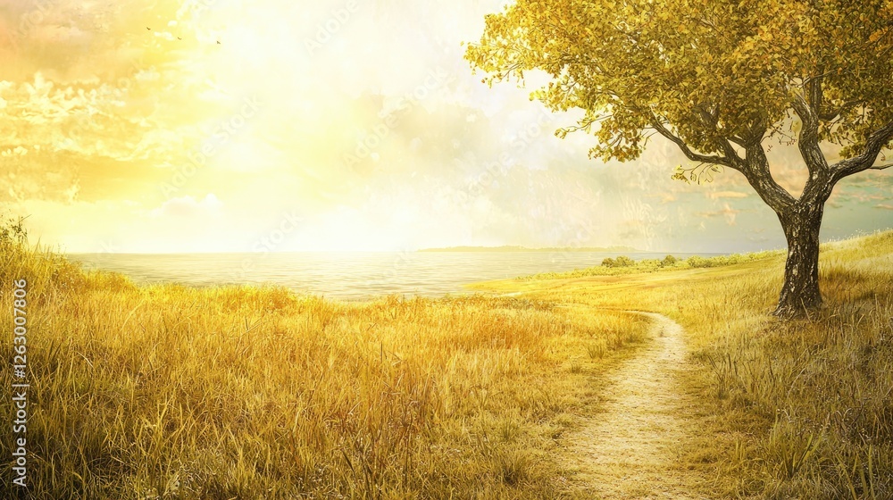 Fototapeta premium Golden sunset path, autumn tree, peaceful landscape, nature serenity