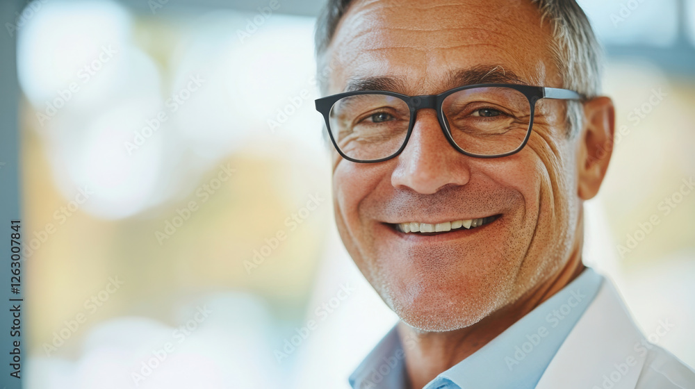 Professional healthcare provider with glasses and a warm smile in a medical setting Professional healthcare provider with glasses and a warm smile in a medical setting