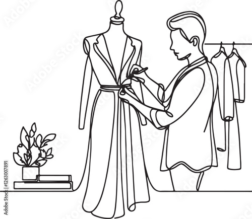 Elegant Line Drawing of a Fashion Designer Inspecting Dress Design