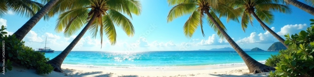 Fototapeta premium Leaning palm trees frame a tranquil ocean beach , relaxation, view