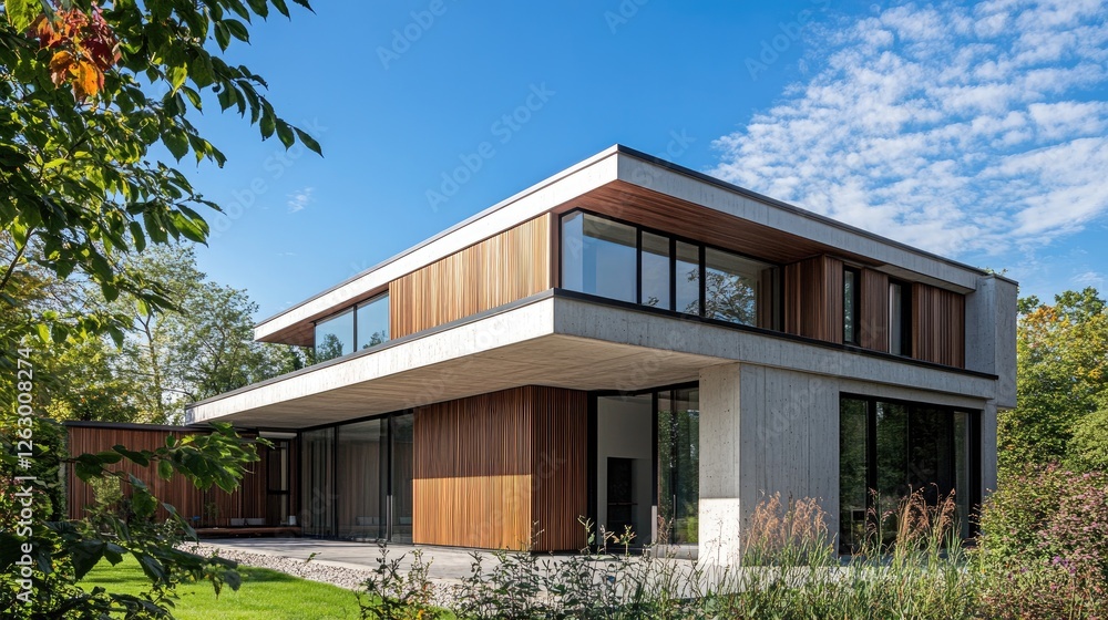 An elegant modern home with a minimalist exterior, featuring a blend of wood and concrete, set against a bright blue sky. An elegant modern home with a minimalist exterior, featuring a blend of wood and concrete, set against a bright blue sky.