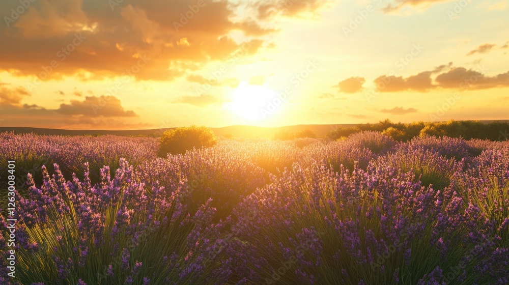 Naklejka premium Lavender Field at Golden Sunset Provence Landscape with Blooming Purple Flowers and Warm Light
