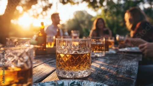 Wallpaper Mural An elegant outdoor gathering with glasses of Scotch whiskey on a table, surrounded by friends enjoying a relaxed evening. Torontodigital.ca