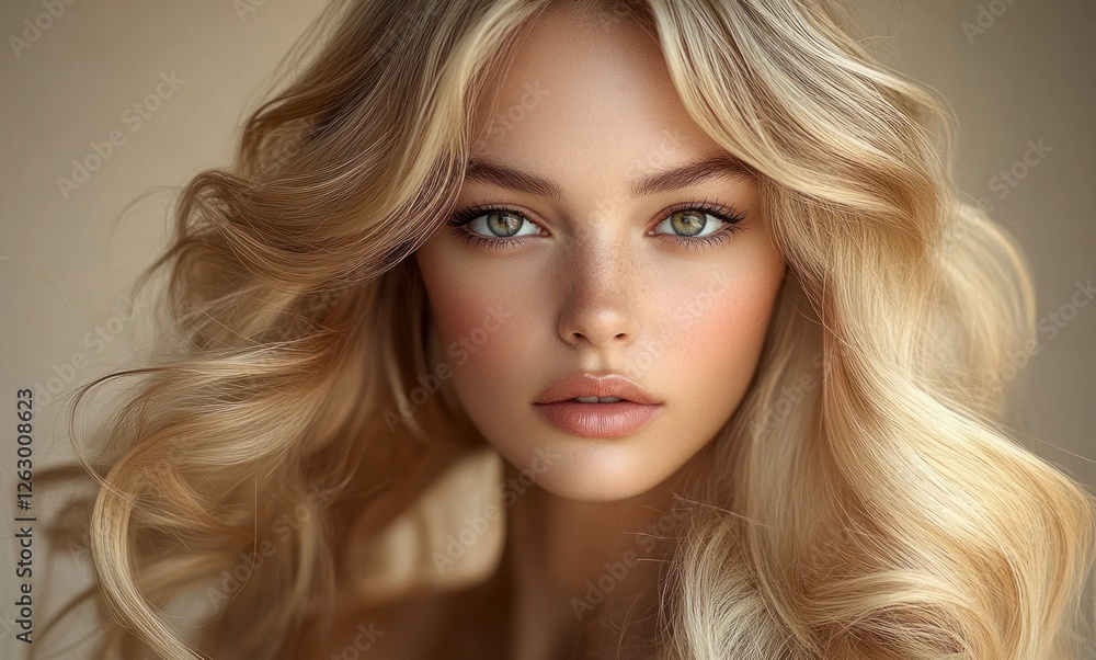 Blonde woman with long curly hair smiling in elegant fashion portrait Blonde woman with long curly hair smiling in elegant fashion portrait