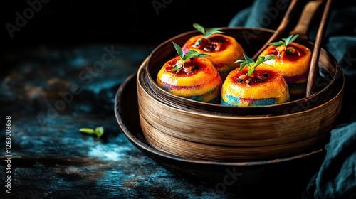Indonesian kue lapis with colorful layers of rice flour and pandan flavor, presented in a bamboo steamer
