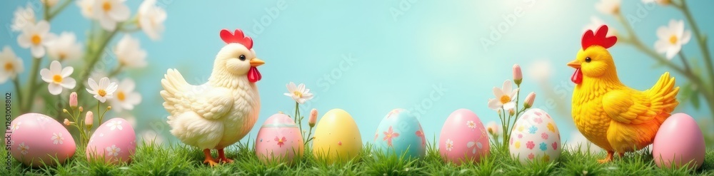 Pastel Easter eggs & chickens wreath, spring decor, studio shot, Easter, chickens Pastel Easter eggs & chickens wreath, spring decor, studio shot, Easter, chickens