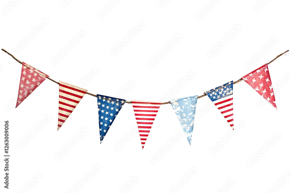 Obraz premium A banner with American flags hanging from a rope. ,on transparent background.