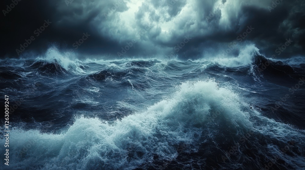 Fototapeta premium Dramatic stormy sky over a vast ocean, waves crashing against rocky shores, showcasing raw nature.