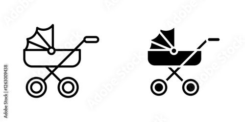 Baby carriage vectors icons set in filled and strokes on white background