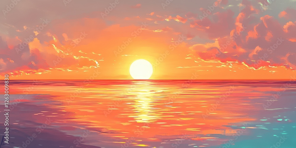 Vibrant abstract sunset over tranquil waters, blending warm hues of orange, pink, yellow, and subtle reds in the sky, evoking serenity and beauty Vibrant abstract sunset over tranquil waters, blending warm hues of orange, pink, yellow, and subtle reds in the sky, evoking serenity and beauty